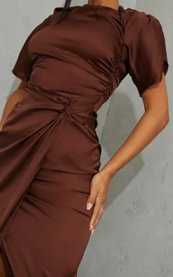 Chocolate Satin Short Sleeve Ruched Midaxi Dress