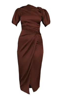 Chocolate Satin Short Sleeve Ruched Midaxi Dress