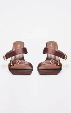 Chocolate Satin Wide Fit Square Toe Buckle Strap High Stiletto Heeled Mules