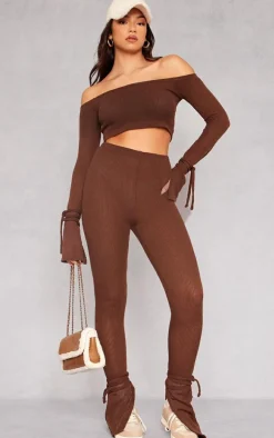 Chocolate Sheer Soft Rib Split Hem Tie Detail Leggings