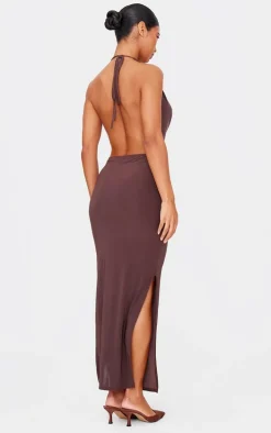Chocolate Slinky Cowl Halterneck Maxi Dress