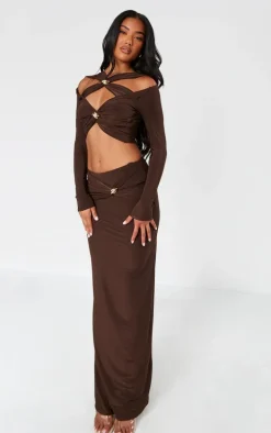 Chocolate Slinky Cut Out Twist Trim Mid Rise Maxi Skirt