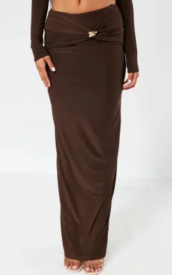 Chocolate Slinky Cut Out Twist Trim Mid Rise Maxi Skirt