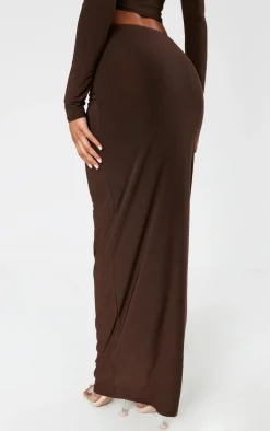 Chocolate Slinky Cut Out Twist Trim Mid Rise Maxi Skirt