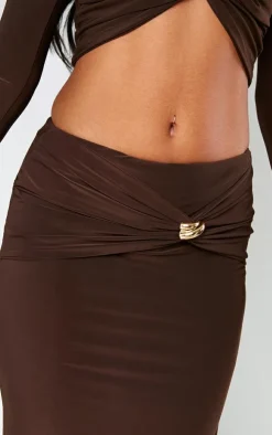 Chocolate Slinky Cut Out Twist Trim Mid Rise Maxi Skirt