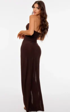 Chocolate Slinky Cut Out Knot Detail Split Maxi Dress