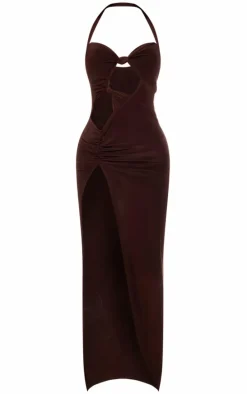 Chocolate Slinky Cut Out Knot Detail Split Maxi Dress