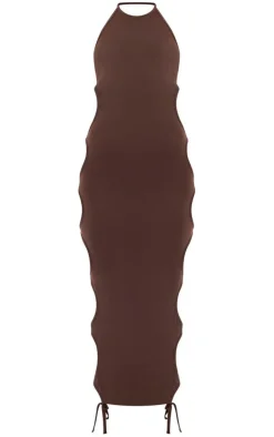 Chocolate Slinky Extreme Cut Out Halter Midaxi Dress