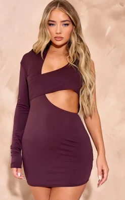 Chocolate Slinky Extreme Cut Out One Sleeve Mini Dress
