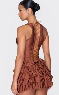 Chocolate Slinky Frill Hem Micro Mini Dress