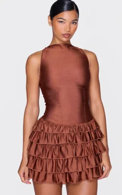 Chocolate Slinky Frill Hem Micro Mini Dress