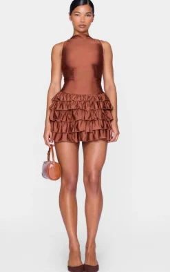 Chocolate Slinky Frill Hem Micro Mini Dress