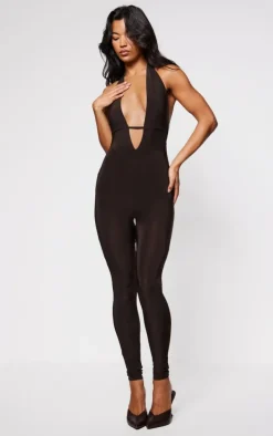 Chocolate Slinky Halter Neck Jumpsuit