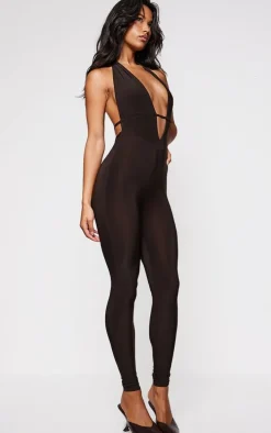 Chocolate Slinky Halter Neck Jumpsuit