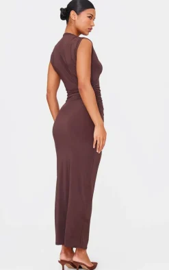Chocolate Slinky High Neck Ruched Side Midaxi Dress