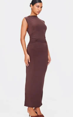 Chocolate Slinky High Neck Ruched Side Midaxi Dress