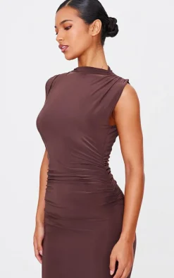 Chocolate Slinky High Neck Ruched Side Midaxi Dress