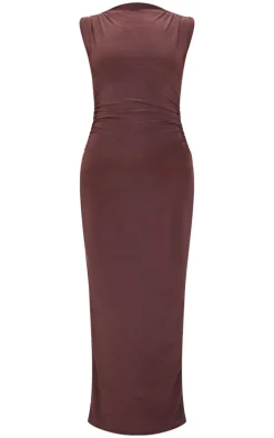 Chocolate Slinky High Neck Ruched Side Midaxi Dress