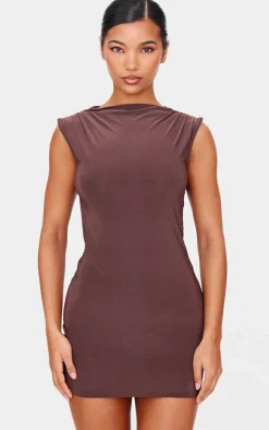 Chocolate Slinky High Neck Ruched Mini Dress