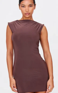 Chocolate Slinky High Neck Ruched Mini Dress