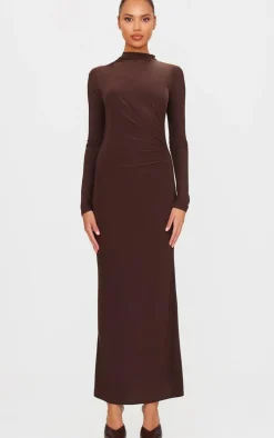 Chocolate Slinky Long Sleeve Maxi Dress