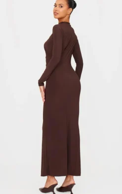 Chocolate Slinky Long Sleeve Maxi Dress