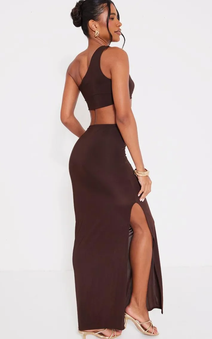 Chocolate Slinky One Shoulder Cut Out Maxi Dress