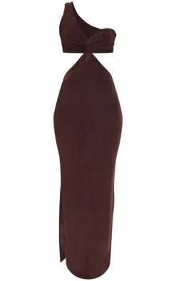 Chocolate Slinky One Shoulder Cut Out Maxi Dress
