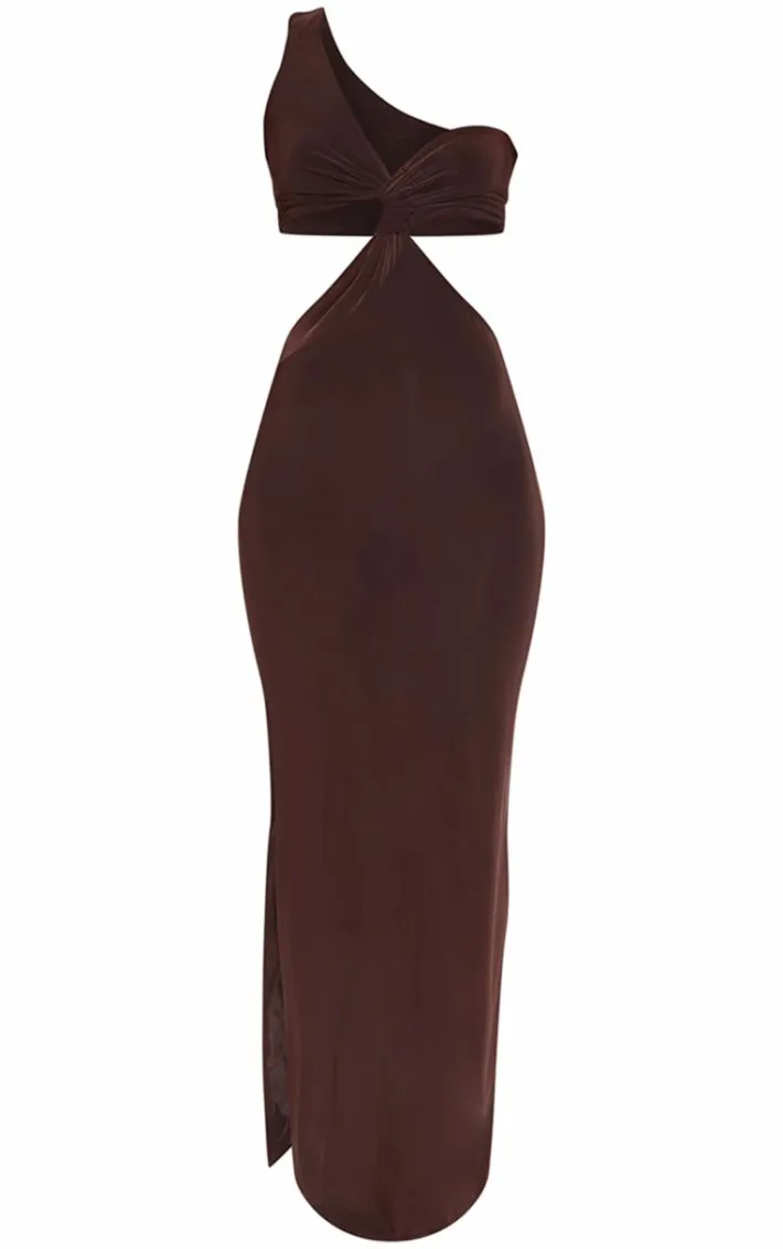 Chocolate Slinky One Shoulder Cut Out Maxi Dress