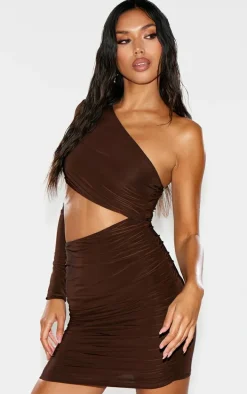 Chocolate Slinky One Shoulder Waist Cut Out Ruched Bodycon