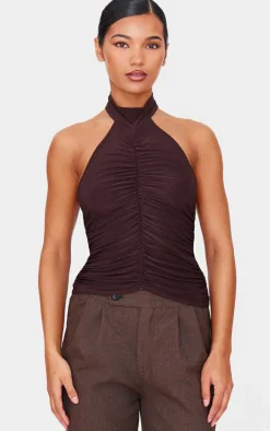 Chocolate Slinky Ruched High Neck Long Top