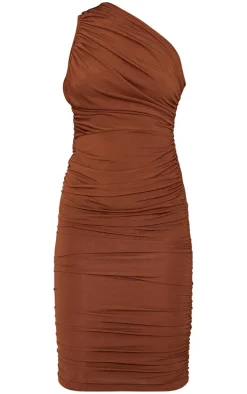 Chocolate Slinky Ruched One Shoulder Longline Midi Dress