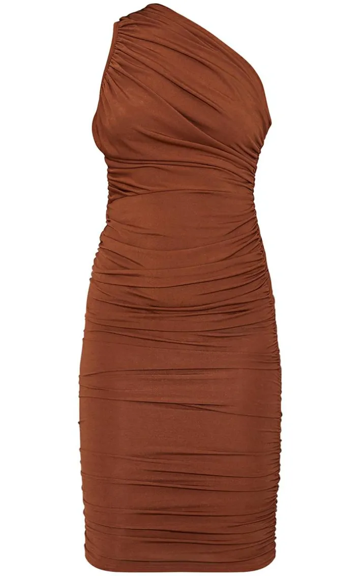 Chocolate Slinky Ruched One Shoulder Longline Midi Dress