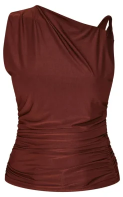 Chocolate Slinky Ruched Twist Strap Detail Long Top