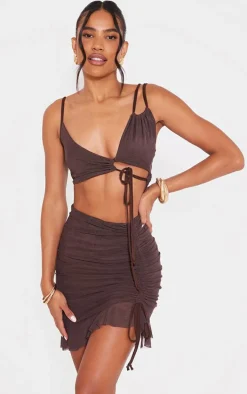 Chocolate Slinky Side Cut Out Ruched Frill Hem Mini Dress