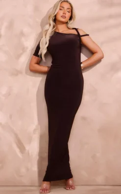 Chocolate Slinky Twist Shoulder Midaxi Dress