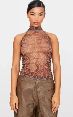 Chocolate Snake Print Mesh High Neck Backless Long Top