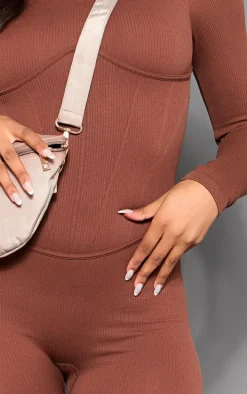 Chocolate Snatched Rib Long Sleeve Corset Detail Jumpsuit