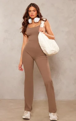 Chocolate Snatched Sculpt Double Strap Flare Leg Jumpsuit