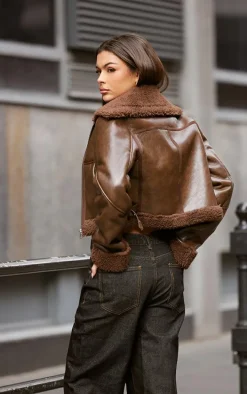 Chocolate Soft Faux Leather Contrast Borg Aviator Jacket