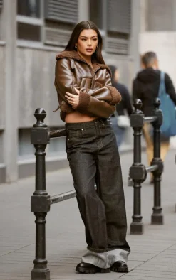 Chocolate Soft Faux Leather Contrast Borg Aviator Jacket