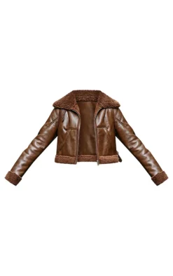 Chocolate Soft Faux Leather Contrast Borg Aviator Jacket