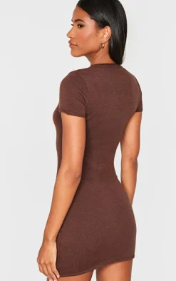 Chocolate Soft Knit Button Through Mini Dress