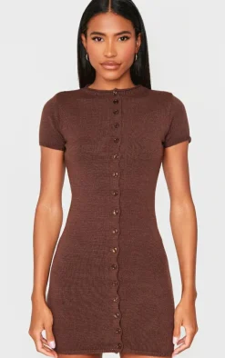 Chocolate Soft Knit Button Through Mini Dress
