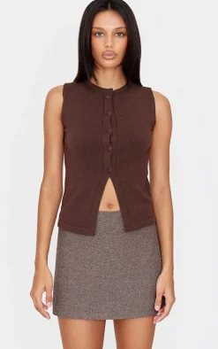 Chocolate Soft Knitted Button Through Vest