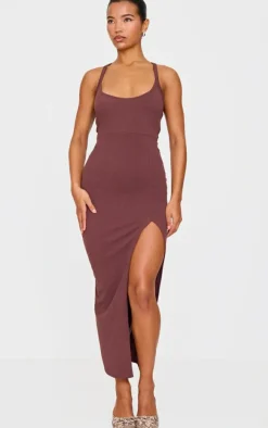Chocolate Soft Rib Cut Out Tie Back Midaxi Dress