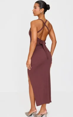 Chocolate Soft Rib Cut Out Tie Back Midaxi Dress