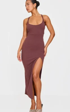 Chocolate Soft Rib Cut Out Tie Back Midaxi Dress