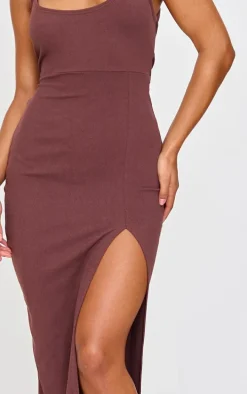 Chocolate Soft Rib Cut Out Tie Back Midaxi Dress