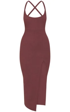 Chocolate Soft Rib Cut Out Tie Back Midaxi Dress